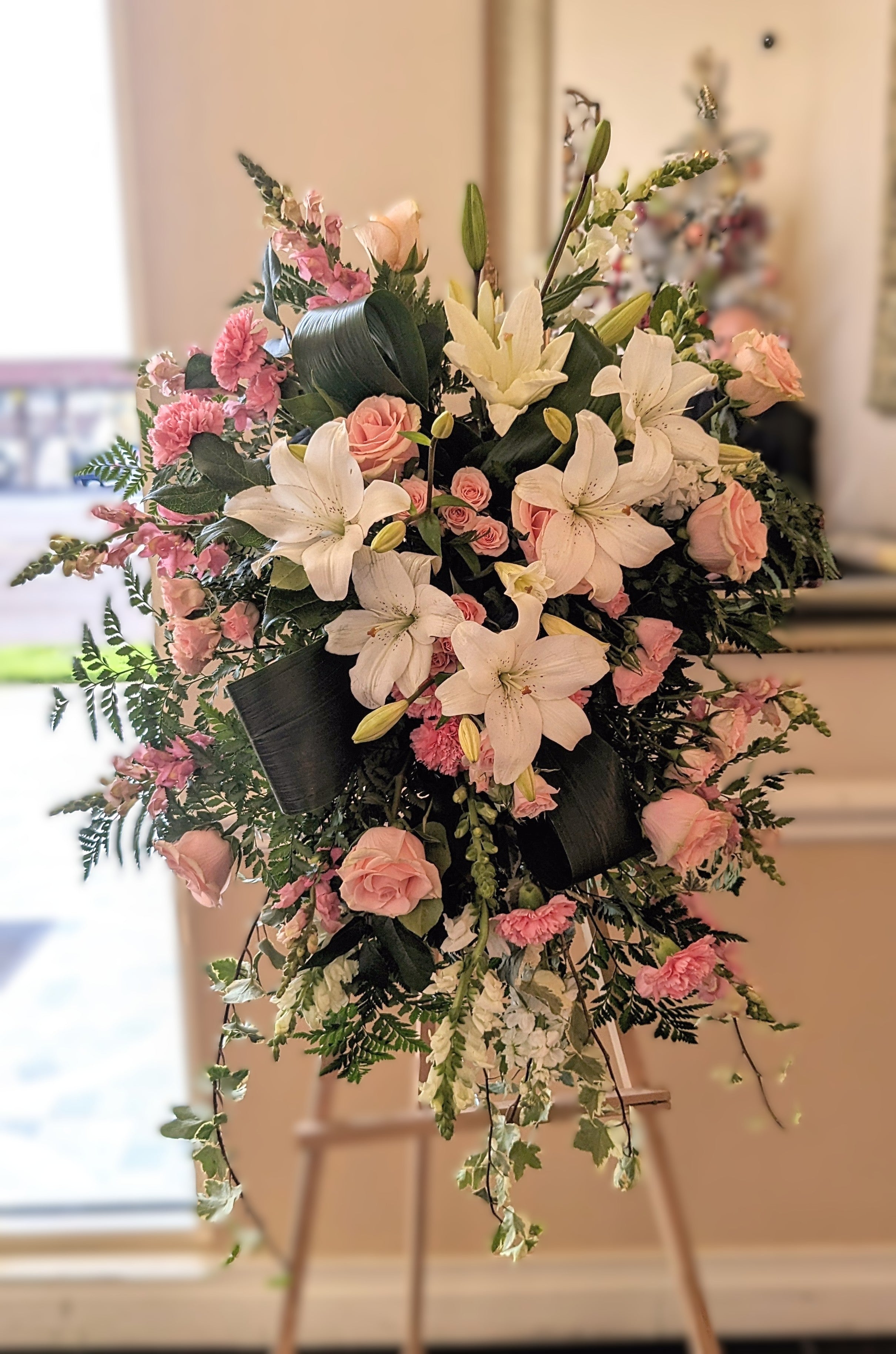 White and Blush Funeral Standing Spray
